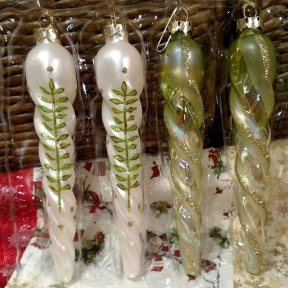 Holiday Living 2006 Glass Icicle Ornaments, SET/4 7" Light Green & White, EUC